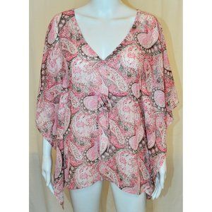 2b Bebe Y2K Top V-Neck Paisley Sheer Flutter Sleeve Top Pink/Brown Size XS